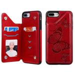 For iPhone 8 Plus & 7 Plus Butterfly Embossing Pattern Shockproof Protective Case with Holder & Card Slots & Photo Frame(Red)