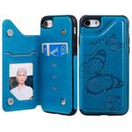 For iPhone 7 & 8 Butterfly Embossing Pattern Shockproof Protective Case with Holder & Card Slots & Photo Frame(Blue)