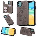 For iPhone 11 Butterfly Embossing Pattern Shockproof Protective Case with Holder & Card Slots & Photo Frame(Gray)