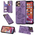 For iPhone 11 Pro Max Butterfly Embossing Pattern Shockproof Protective Case with Holder & Card Slots & Photo Frame(Purple)