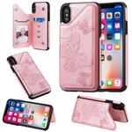 For iPhone X & XS Butterfly Embossing Pattern Shockproof Protective Case with Holder & Card Slots & Photo Frame(Rose Gold)
