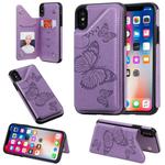 For iPhone X & XS Butterfly Embossing Pattern Shockproof Protective Case with Holder & Card Slots & Photo Frame(Purple)