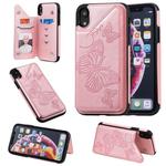 For iPhone XR Butterfly Embossing Pattern Shockproof Protective Case with Holder & Card Slots & Photo Frame(Rose Gold)