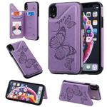 For iPhone XR Butterfly Embossing Pattern Shockproof Protective Case with Holder & Card Slots & Photo Frame(Purple)
