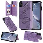 For iPhone XS Max Butterfly Embossing Pattern Shockproof Protective Case with Holder & Card Slots & Photo Frame(Purple)