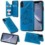 For iPhone XS Max Butterfly Embossing Pattern Shockproof Protective Case with Holder & Card Slots & Photo Frame(Blue)