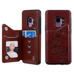 For Galaxy S9 Butterfly Embossing Pattern Shockproof Protective Case with Holder & Card Slots & Photo Frame(Brown)