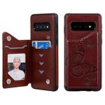 For Galaxy S10 Butterfly Embossing Pattern Shockproof Protective Case with Holder & Card Slots & Photo Frame(Brown)