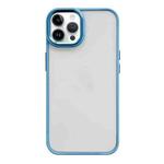 For iPhone 14 Pro Max Clear Acrylic Soft TPU Phone Case with Metal Button(Sierra Blue)