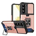 For Samsung Galaxy S23 5G Sliding Camshield Phone Case with Ring Holder & Card Slot(Rose Gold)