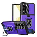 For Samsung Galaxy S23 5G Sliding Camshield Phone Case with Ring Holder & Card Slot(Purple)