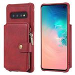 For Galaxy S10 Zipper Shockproof Protective Case with Card Slots & Bracket & Photo Holder & Wallet Function(Red)