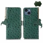 For iPhone 14 Plus Ostrich Pattern Genuine Leather RFID Phone Case(Green)