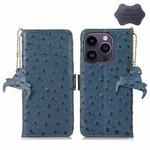 For iPhone 14 Pro Ostrich Pattern Genuine Leather RFID Phone Case(Blue)