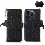 For iPhone 15 Pro Max Ostrich Pattern Genuine Leather RFID Phone Case(Black)