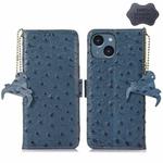 For iPhone 15 Plus Ostrich Pattern Genuine Leather RFID Phone Case(Blue)