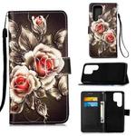 For Samsung Galaxy S23 Ultra 5G Colored Drawing Pattern Plain Weave Leather Phone Case(Roses On Black)