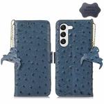For Samsung Galaxy S22+ 5G Ostrich Pattern Genuine Leather RFID Phone Case(Blue)