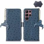 For Samsung Galaxy S22 Ultra 5G Ostrich Pattern Genuine Leather RFID Phone Case(Blue)