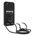 For Samsung Galaxy S23 5G Ring Kickstand Card Wallet TPU Phone Case with Lanyard(Black)