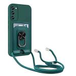 For Samsung Galaxy S23 5G Ring Kickstand Card Wallet TPU Phone Case with Lanyard(Night Green)