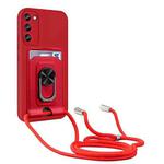 For Samsung Galaxy S23+ 5G Ring Kickstand Card Wallet TPU Phone Case with Lanyard(Red)