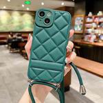 For iPhone 14 Pro Max Rhombic Texture Lanyard Phone Case(Dark Green)