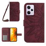For Xiaomi Redmi Note 12 Pro+ China/Note 12 Explorer Skin Feel Sun Flower Pattern Flip Leather Phone Case with Lanyard(Wine Red)