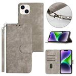 For iPhone 14 Dual-Fold Stripe Texture Buckle Leather Phone Case(Grey)