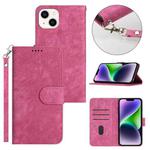 For iPhone 14 Plus Dual-Fold Stripe Texture Buckle Leather Phone Case(Hot Pink)