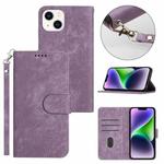 For iPhone 14 Plus Dual-Fold Stripe Texture Buckle Leather Phone Case(Purple)