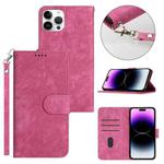 For iPhone 14 Pro Dual-Fold Stripe Texture Buckle Leather Phone Case(Hot Pink)