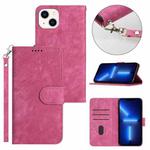 For iPhone 13 Dual-Fold Stripe Texture Buckle Leather Phone Case(Hot Pink)