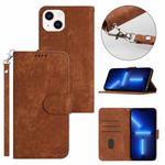 For iPhone 13 Dual-Fold Stripe Texture Buckle Leather Phone Case(Brown)