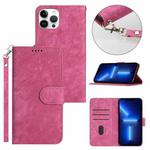 For iPhone 13 Pro Dual-Fold Stripe Texture Buckle Leather Phone Case(Hot Pink)