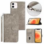 For iPhone 12 Dual-Fold Stripe Texture Buckle Leather Phone Case(Grey)
