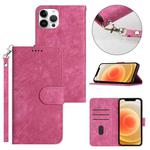 For iPhone 12 Pro Dual-Fold Stripe Texture Buckle Leather Phone Case(Hot Pink)