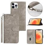 For iPhone 12 Pro Dual-Fold Stripe Texture Buckle Leather Phone Case(Grey)