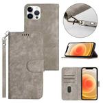 For iPhone 12 Pro Max Dual-Fold Stripe Texture Buckle Leather Phone Case(Grey)