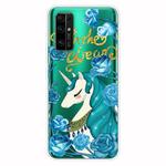 For Huawei Honor 30S Shockproof Painted Transparent TPU Protective Case(Blue Flower Unicorn)