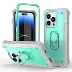 For iPhone 14 Pro Max Two-color Ring Holder Phone Case(Grey White + Mint Green)