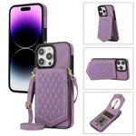 For iPhone 14 Pro Max Rhombic Texture RFID Phone Case with Lanyard & Mirror(Purple)