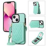 For iPhone 14 Rhombic Texture RFID Phone Case with Lanyard & Mirror(Mint Green)