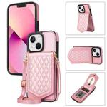 For iPhone 14 Rhombic Texture RFID Phone Case with Lanyard & Mirror(Rose Gold)