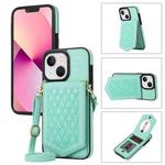 For iPhone 14 Plus Rhombic Texture RFID Phone Case with Lanyard & Mirror(Mint Green)