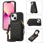 For iPhone 14 Plus Rhombic Texture RFID Phone Case with Lanyard & Mirror(Black)