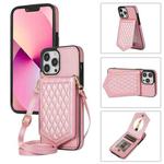 For iPhone 13 Pro Max Rhombic Texture RFID Phone Case with Lanyard & Mirror(Rose Gold)