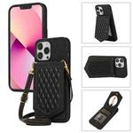 For iPhone 13 Pro Max Rhombic Texture RFID Phone Case with Lanyard & Mirror(Black)