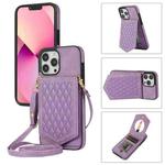 For iPhone 13 Pro Rhombic Texture RFID Phone Case with Lanyard & Mirror(Purple)