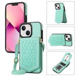 For iPhone 13 Rhombic Texture RFID Phone Case with Lanyard & Mirror(Mint Green)